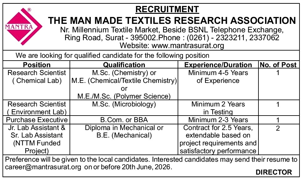 Research Scientist , Purchase Executive & Lab Assistant